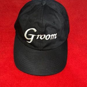 NWT DAVIDS BRIDAL, BLack Grooms Cap.The word GROOM embroidered in white on cap.